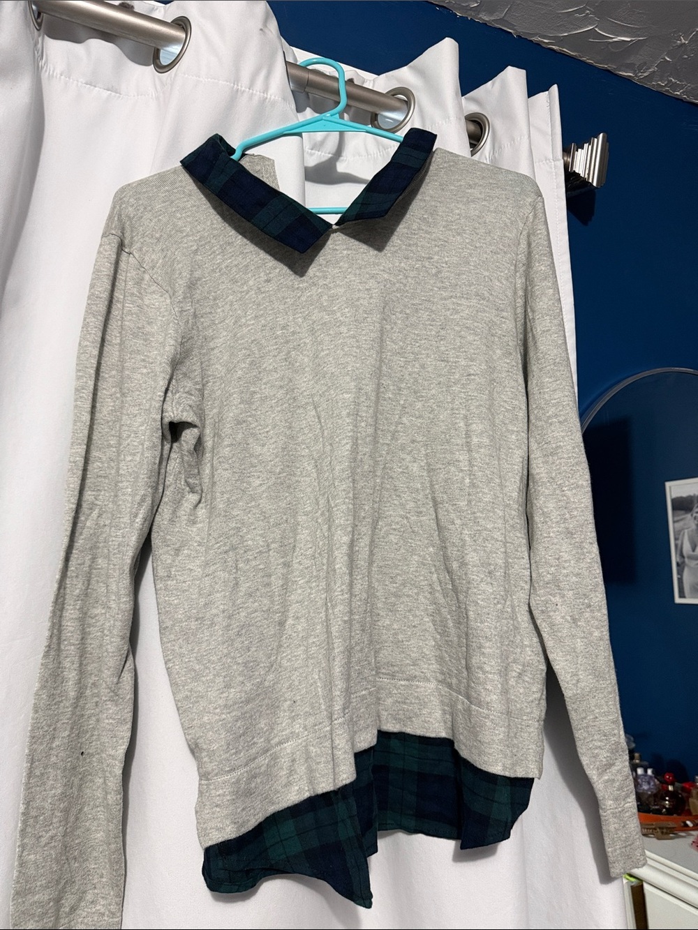 J. Crew Gray Crewneck Sweater with Green & Navy Plaid Trim